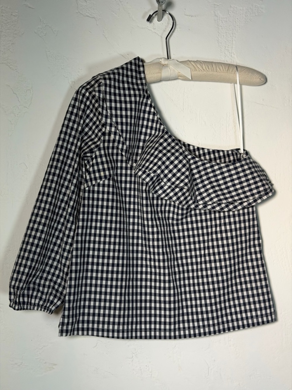 J Crew One-Shoulder Gingham Ruffle Top - Deep Navy /White summer fun